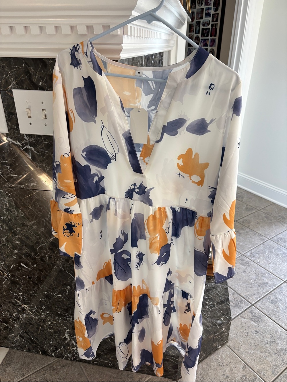 White Floral Tiered V-Neck Dress with Blue & Mustard Print